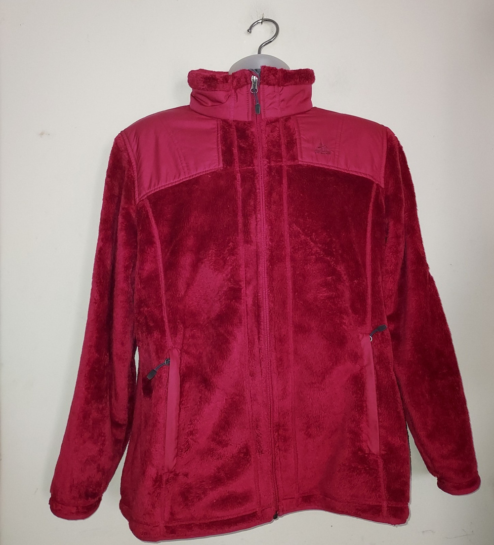 Nike Women's ACG Jacket Large Fuzzy Fur Fleece Full Zip Coat Outdoor Maroon